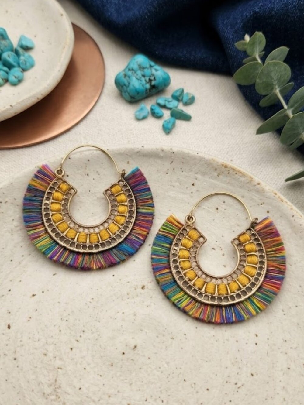Boho Rainbow Thread Fringe Fan Hoop Earrings Gold Tone Artisan Handmade 2.5"